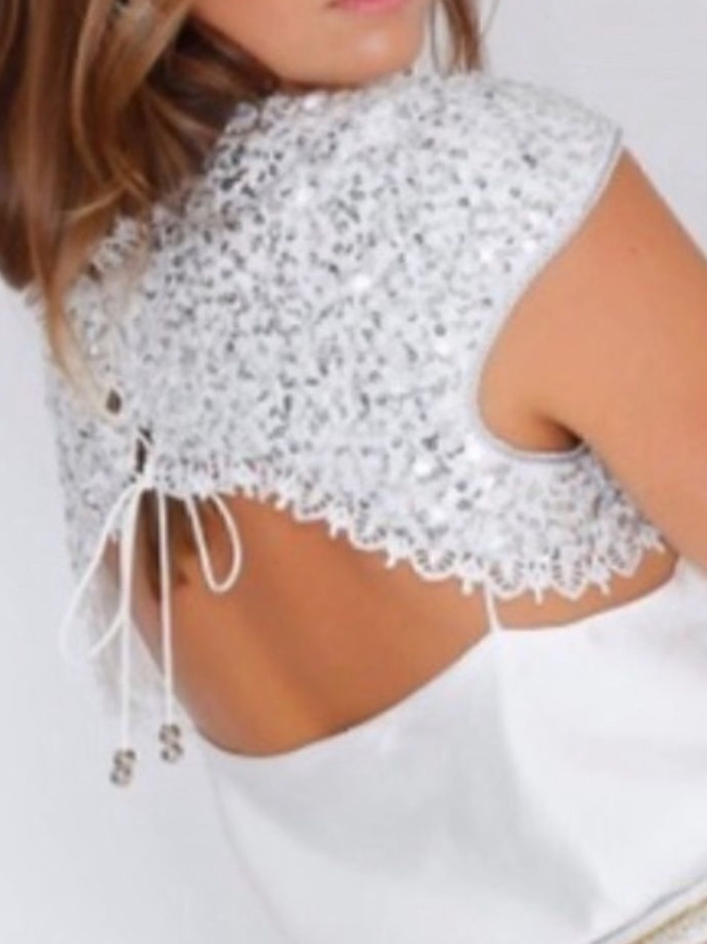 IXIAH x Free People Lacuna Sequin 4 | Sm Silver White Lace Overpiece Tie Top - Picture 6 of 13